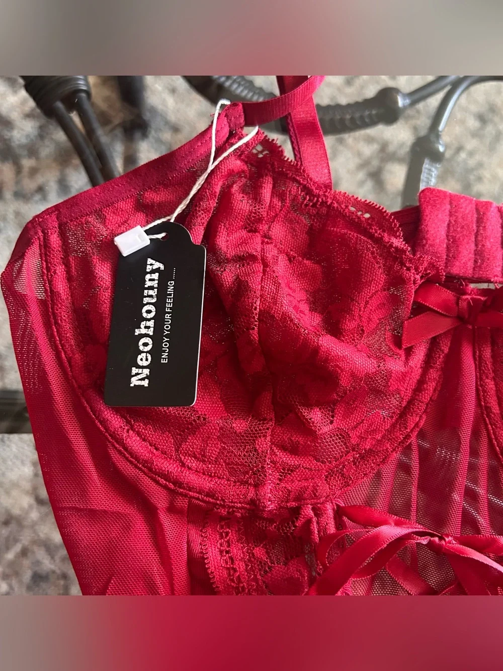 Neohouny Red Lace-Up Corset Lingerie Set
